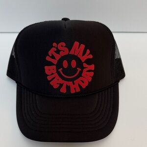 Black Trucker Hat with Red 'It's My Birthday' Design